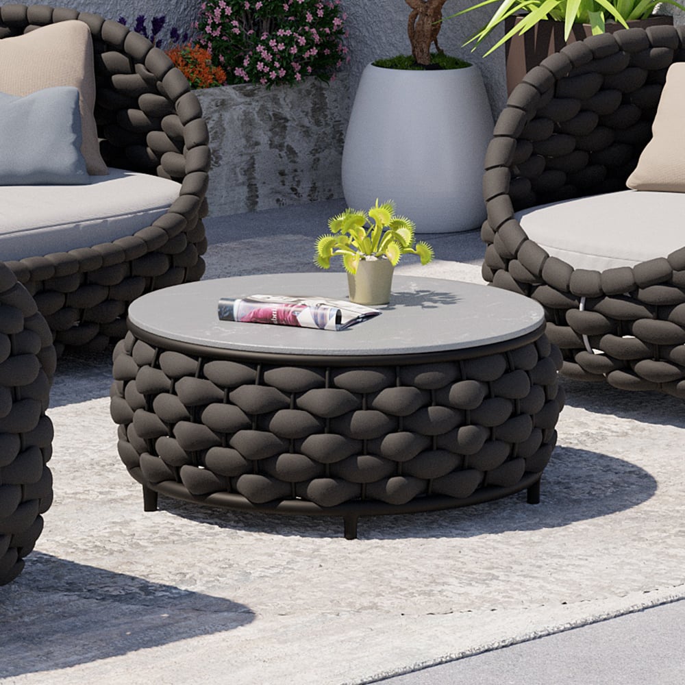 Tatta Sintered Stone-top Round Coffee Table with Textilene Rope Woven Base Black