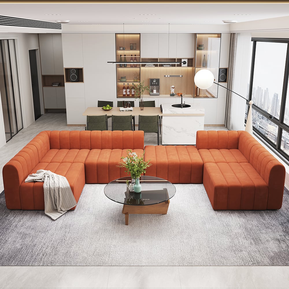 Velvet Modular Pit Sectional Sofa Set Convertible 6-Seater Upholstered Orange