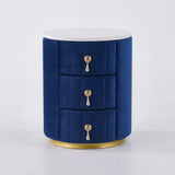 Modern Velvet Nightstand with Storage Sintered Stone Top Round Nightstand with 3 Drawers Blue