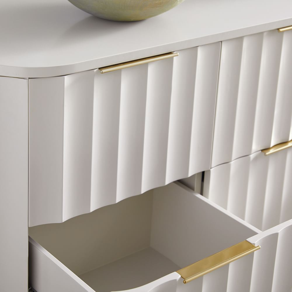 Nature-Inspired Horizontal Dresser Cabinet – 6 Drawer Bedside Storage with Gold Finish Gold & White