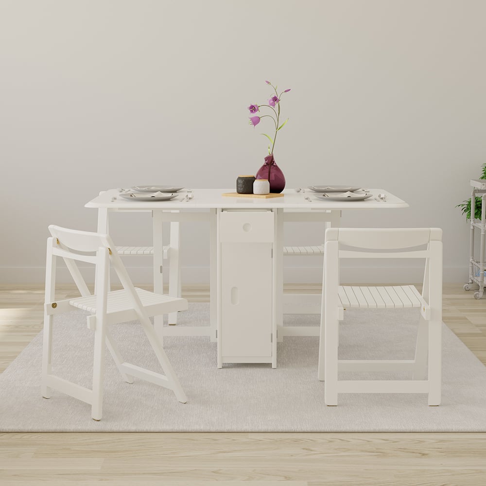 Modern Solid Wood Folding 5 Piece Dining Table Set for 4 White