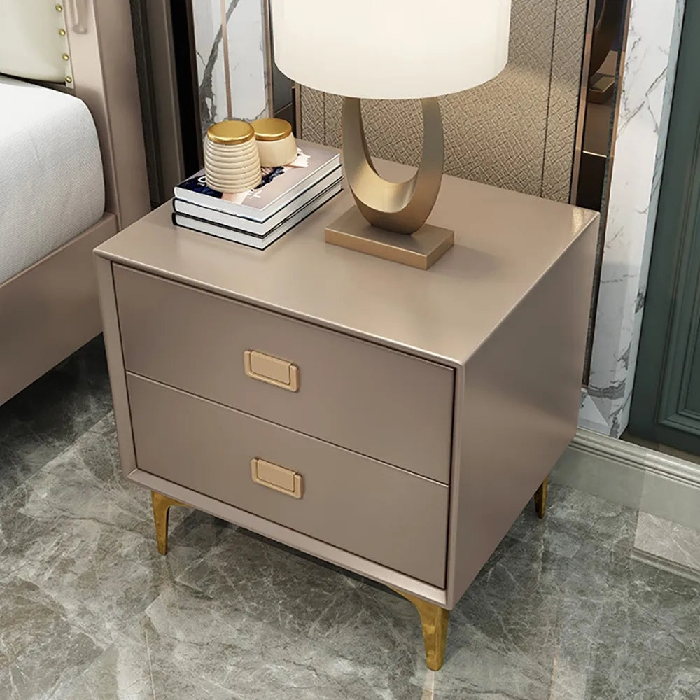 Modern Nightstand 2-Drawer Bedside Table in Gold Finish Champagne