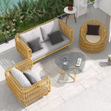 4 Pieces Rattan Outdoor Sofa Set with Glass Top Coffee Table and Cushions in Yellow Yellow