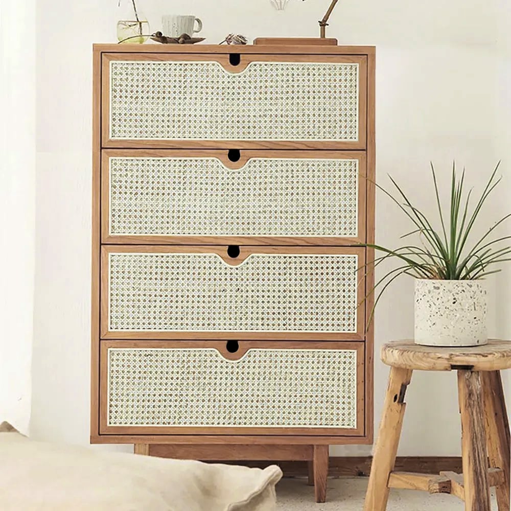 Carled Mid Century Modern Natural 3 Drawers Chest Rattan Woven 27.6"W x 15.7"D x 39.4"H