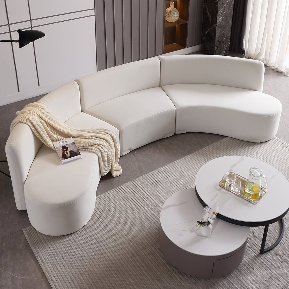 Modern White Curved Sectional Floor Sofa Velvet Upholstery for Living Room White