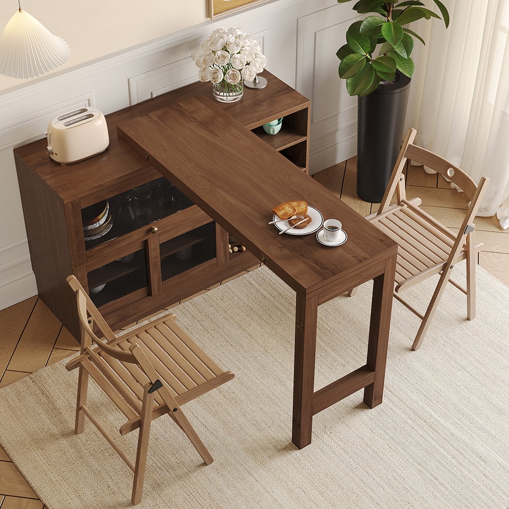 Storage Sideboard Cabinet Extendable Wood Buffet Foldable Dining Table Walnut