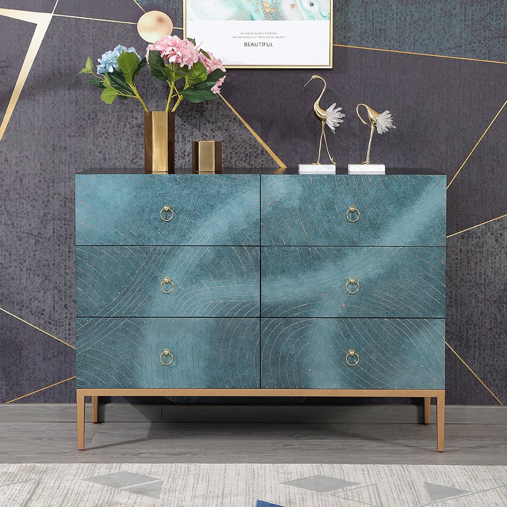 Blue-Green Dresser with Deep Drawers – 6 Drawer Horizontal Bedside Storage Cabinet Green