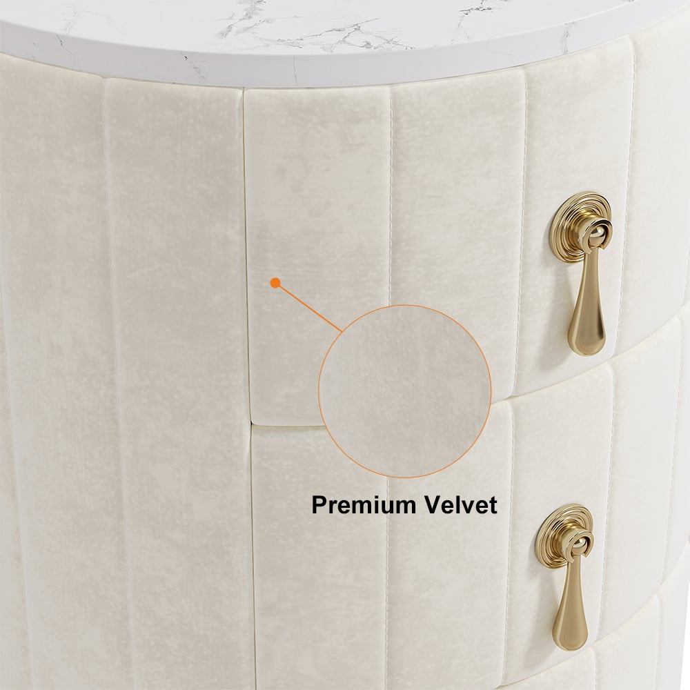 Modern Velvet Nightstand with Storage Sintered Stone Top Round Nightstand with 3 Drawers White