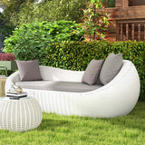 White Woven Rattan Round 75.2" Outdoor Sofa with Cushion & Pillow and Curved Back White