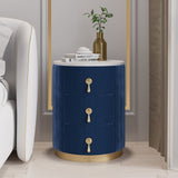 Modern Velvet Nightstand with Storage Sintered Stone Top Round Nightstand with 3 Drawers Blue