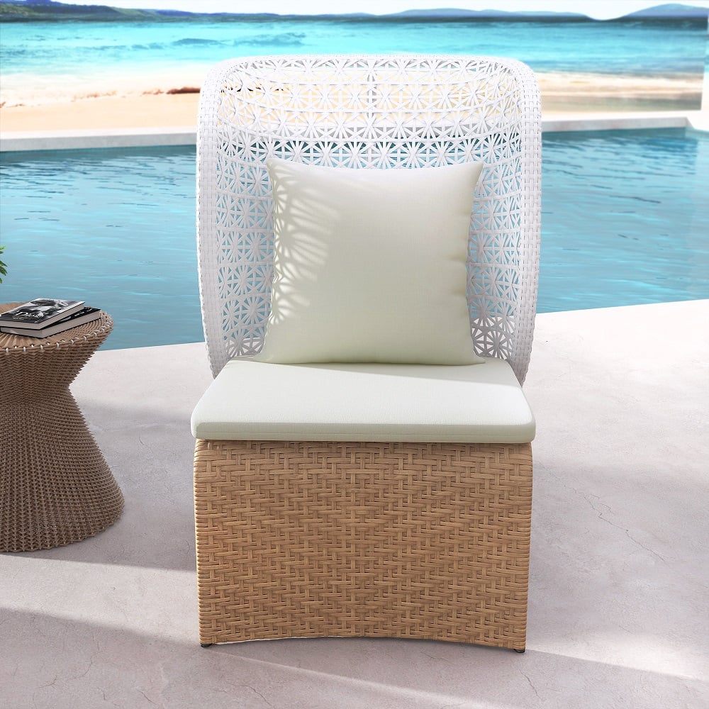 Hofer Rattan Outdoor Wingback Chair with White Cushion Pillow with Arched Bottom White