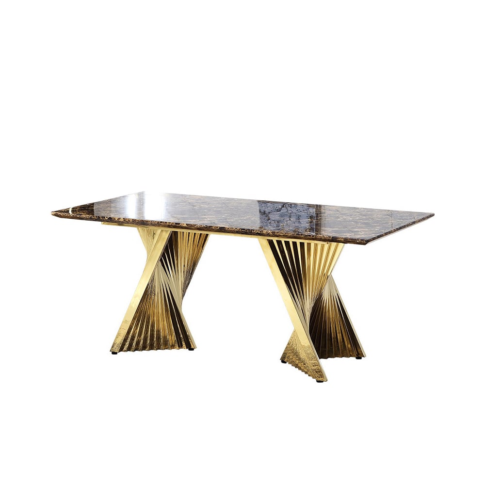 Espresso Modern Dining Table with Marble Top & Gold Stainless Steel Pedestal Rectangle 70.9"L x 35.4"W x 29.5"H