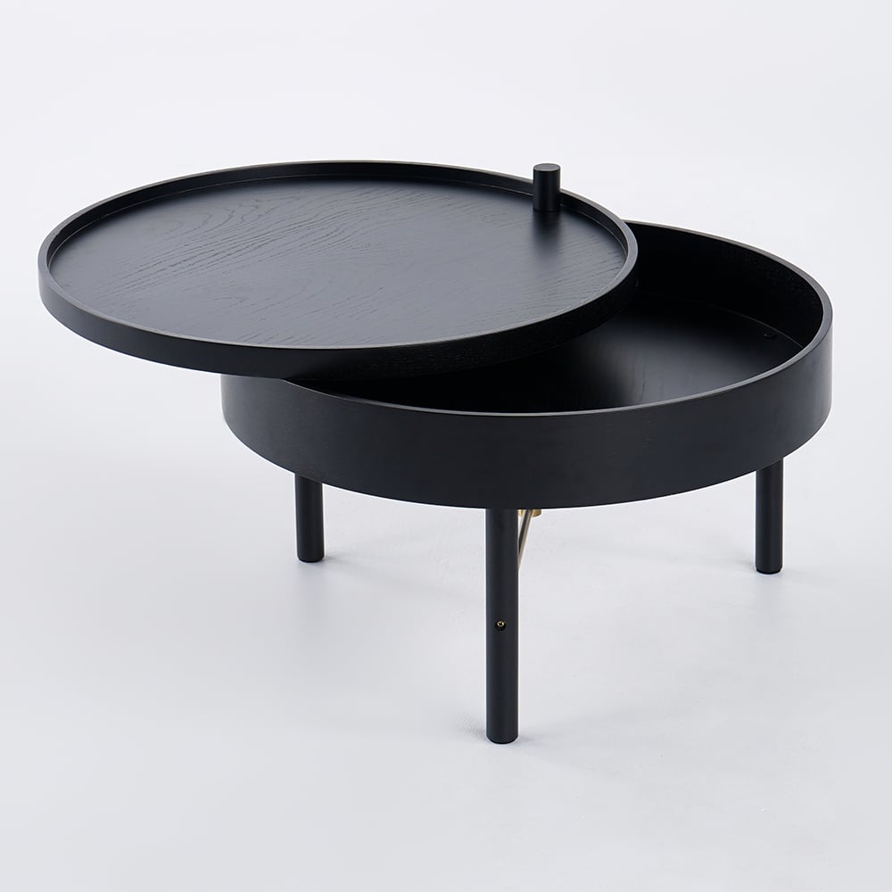 Modern Round Wood Rotating Tray Coffee Table with Storage & Metal Legs Black