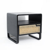 Minimalist Black Nightstand Rattan Woven Bedside Table with 1 Drawer Black