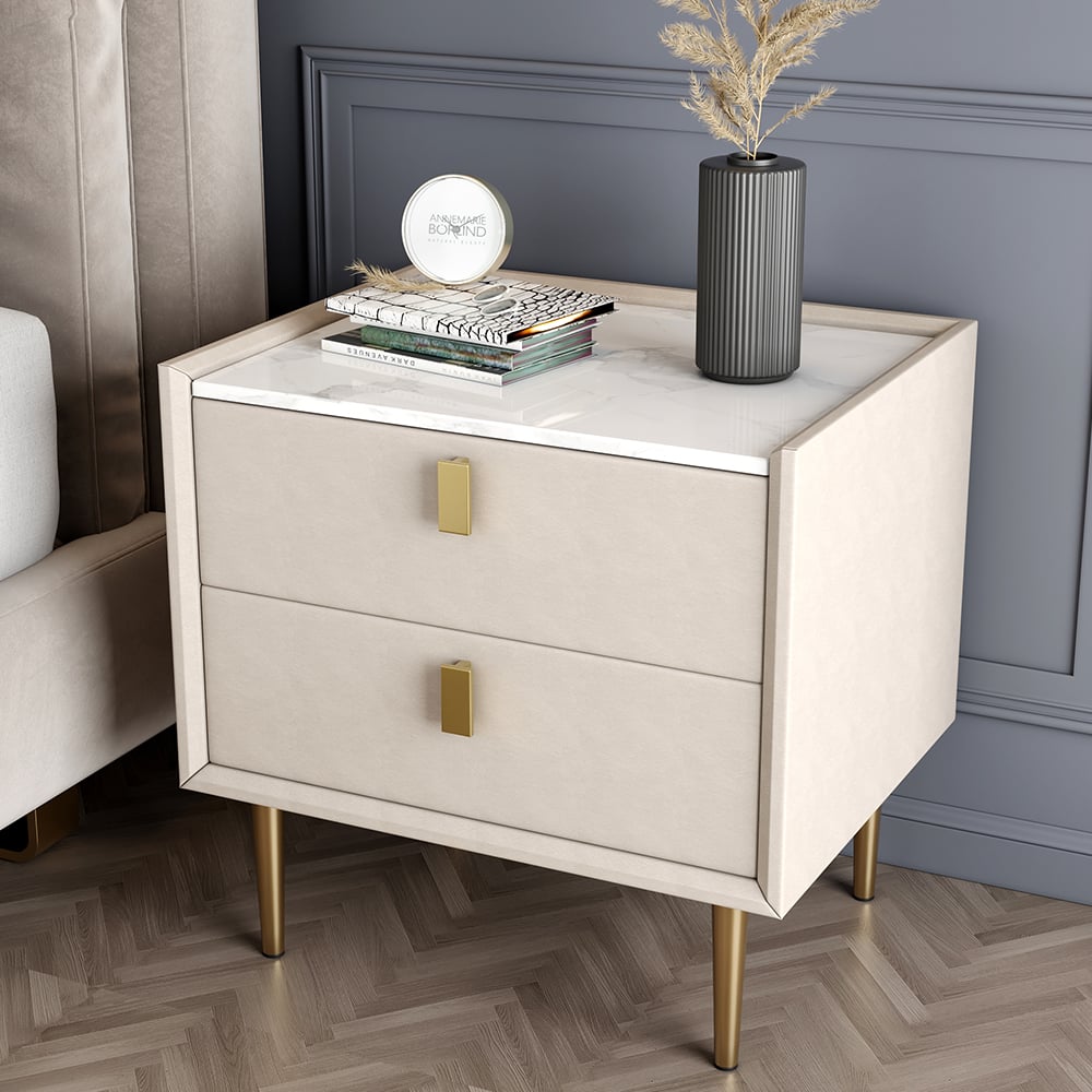 Modern Nightstand with 2 Drawers PU Leather Nightstand with Glod Legs White