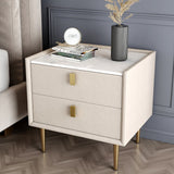 Modern Nightstand with 2 Drawers PU Leather Nightstand with Glod Legs White