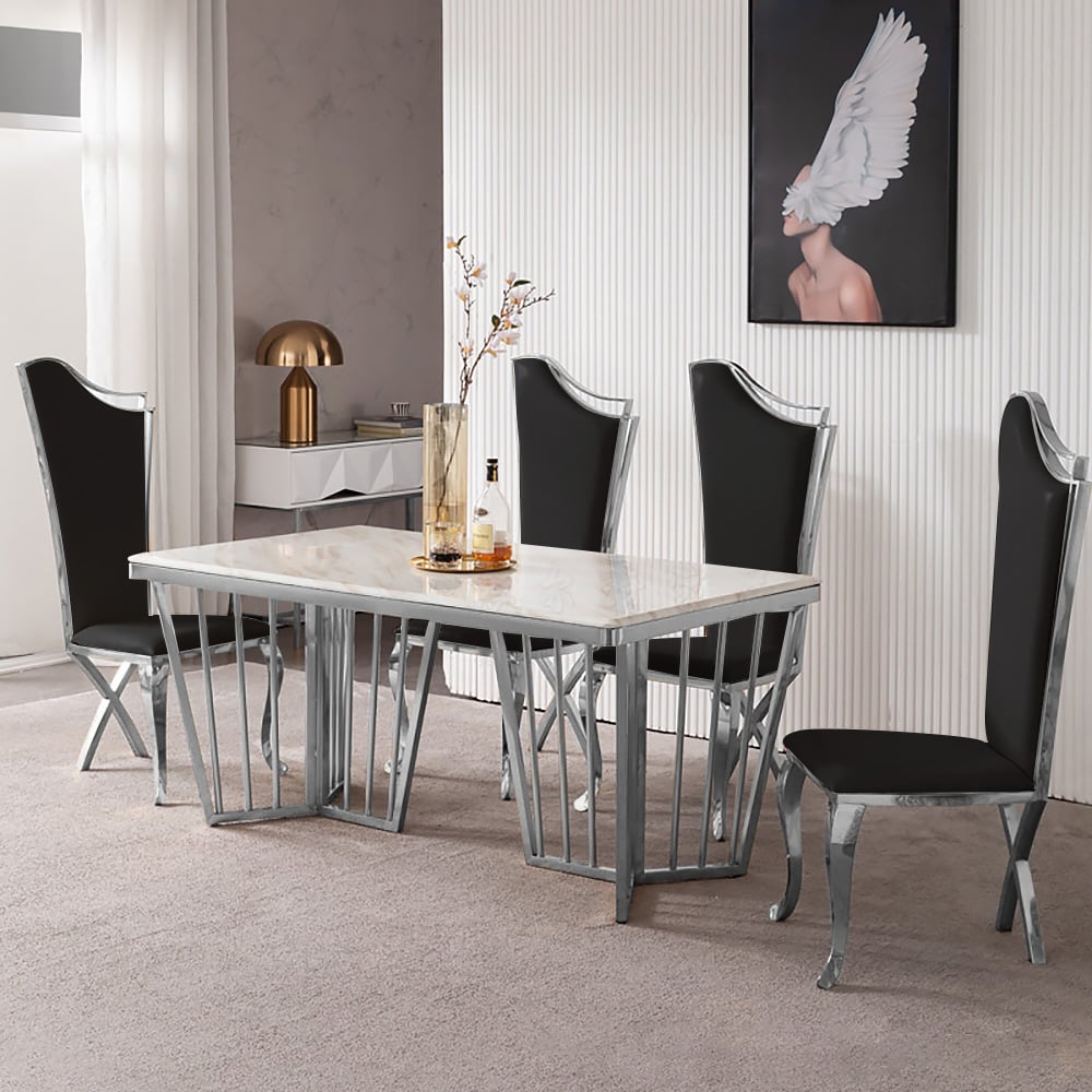 Modern Upholstered Dining Chairs Set of 2 High Back Side Chair Stainless Steel Legs Black & Silver