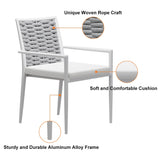 7 Pieces Outdoor Patio Dining Set Extendable Aluminum & Wood Table & Woven Rope Chairs White & Gray