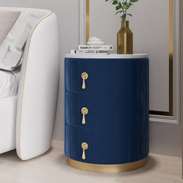 Elegant Round 3-Drawer Nightstand | Small Wood Nightstand with Velvet Upholstery Blue