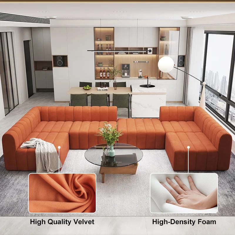 Velvet Modular Pit Sectional Sofa Set Convertible 6-Seater Upholstered Orange