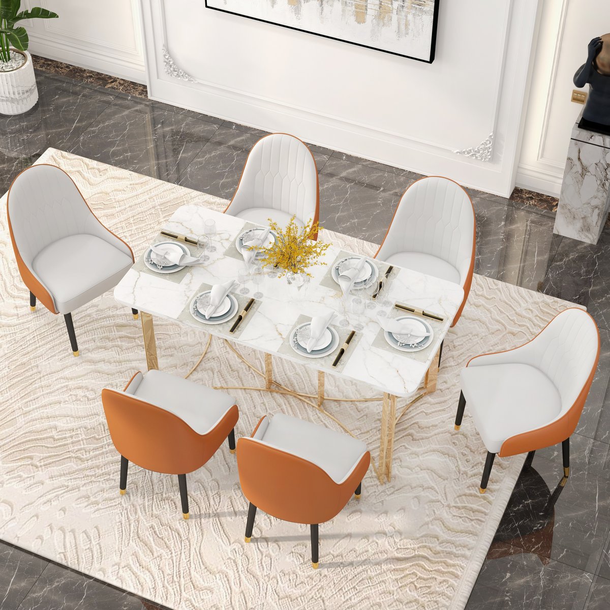 Modern PU Leather (Set of 2) Dining Chairs with Metal Legs White & Orange