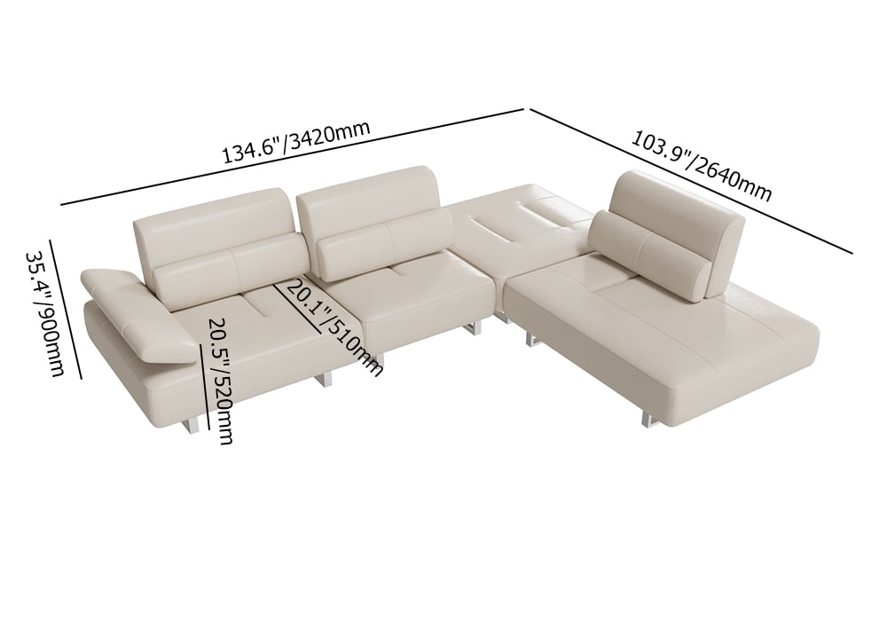 Beige Modular Sofa and Reclining Sectional Couch with Adjustable Armrest & Backrest White