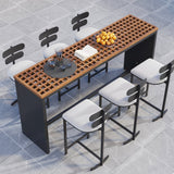 7 Pieces Rectangle Outdoor Patio Bar Dining Set with Teak Table and Chairs for 6 Person Natural & Black