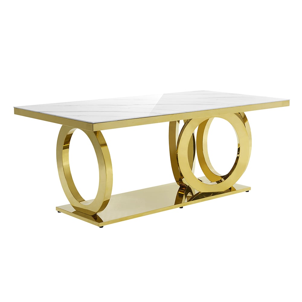 Modern Rectangle White Dining Table Sintered Stone Top Stainless Steel Base in Gold Gold