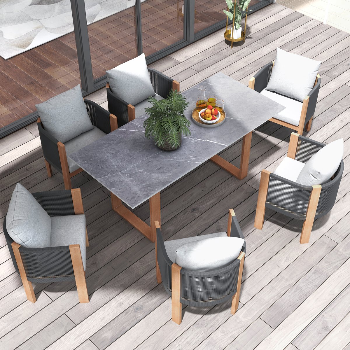 7 Pieces Modern Outdoor Dining Set with Rectangle Table and Woven Rope Chair in Gray Natural & Gray