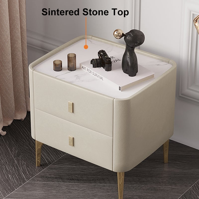 Modern Nightstand 2-Drawer Bedside Cabinet with Sintered Stone Top Off-White