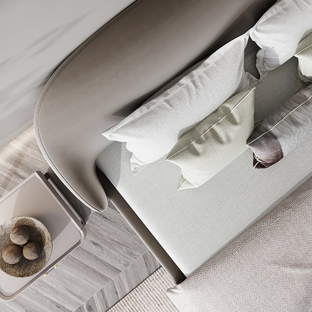 Modern Velvet Queen Bed Upholstered Platform Bed with Curved Headboard Light Gray