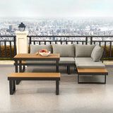 4 Pieces Aluminum Wood Outdoor Sectional Sofa Set for 5 Person with Dining Table in Gray Natural & Gray