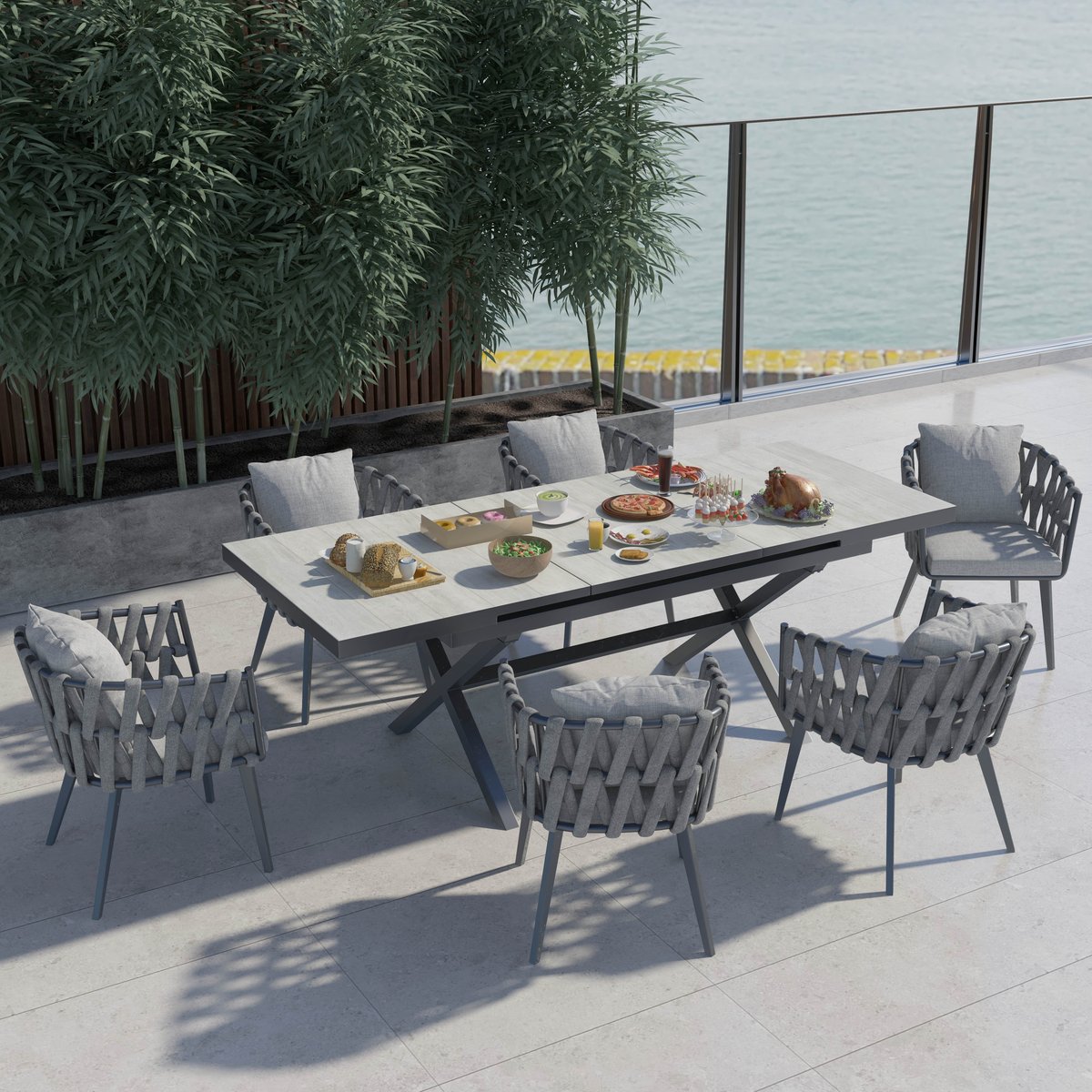 7 Pieces Aluminum Outdoor Dining Set with Extendable Marble Top Table and Woven Armchair Gray