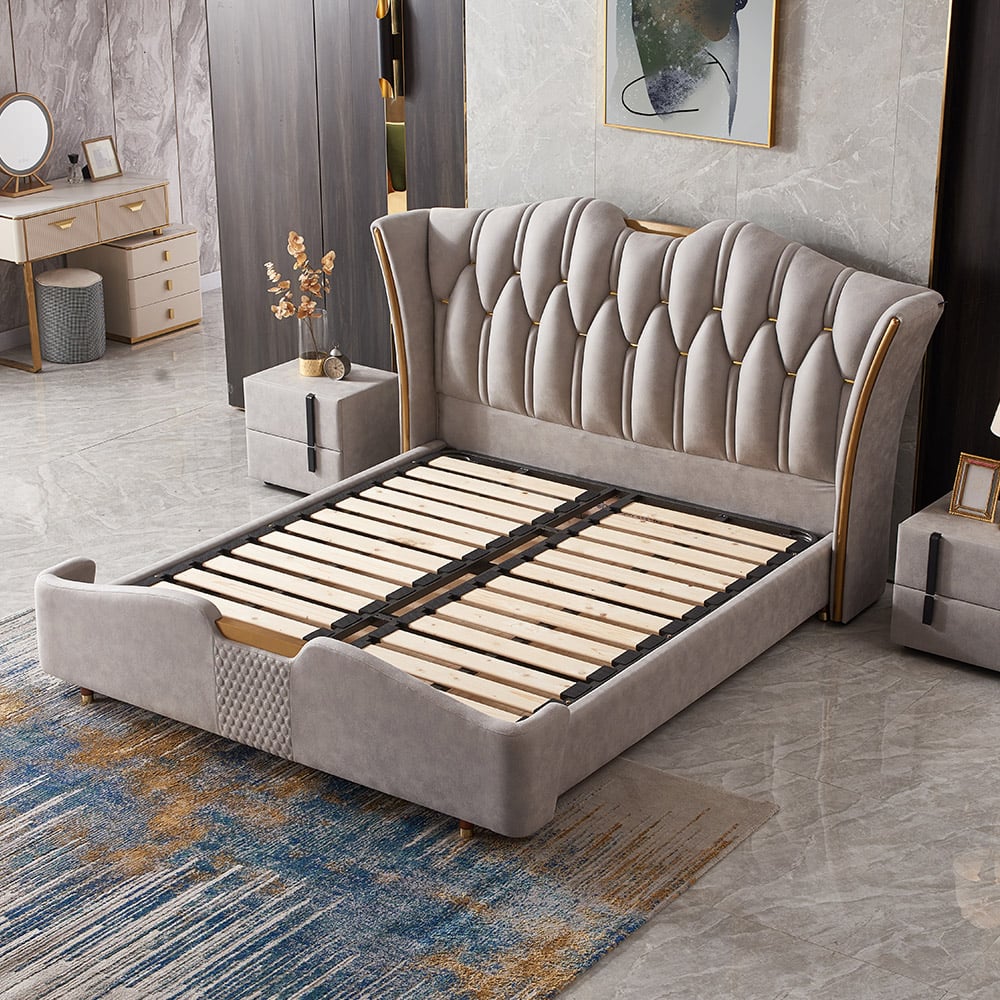 Modern Upholstered Tufted Bed with Wingback Headboard Light Gray