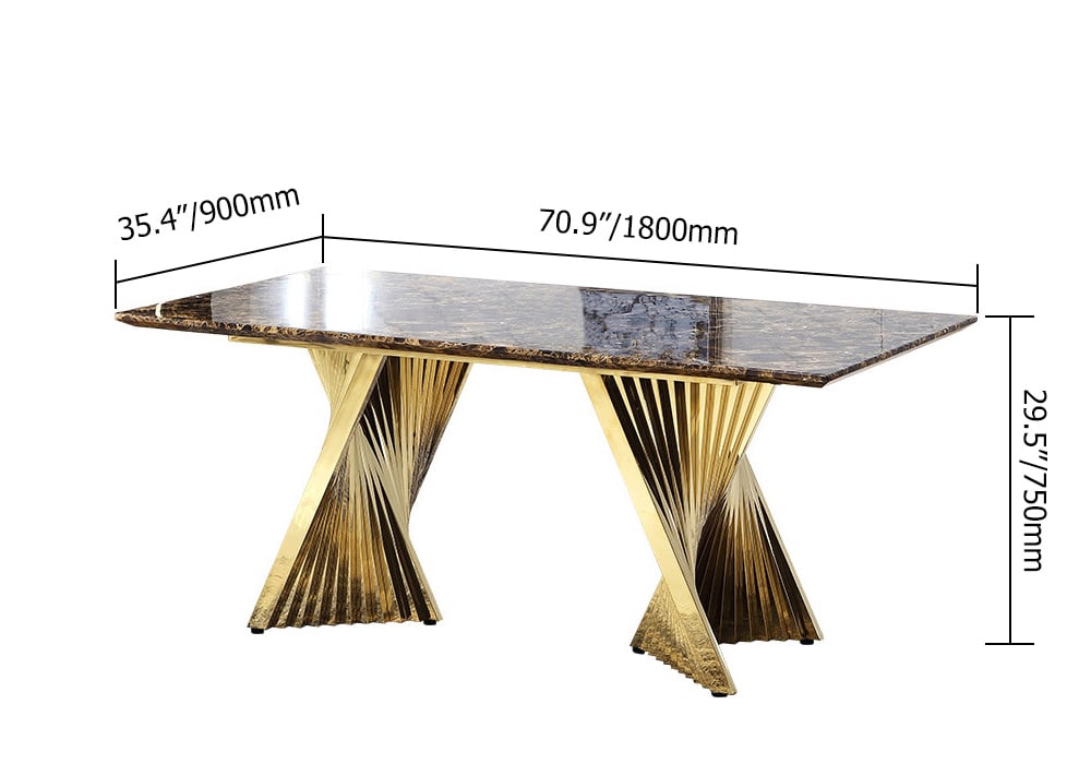 Espresso Modern Dining Table with Marble Top & Gold Stainless Steel Pedestal Rectangle 70.9"L x 35.4"W x 29.5"H
