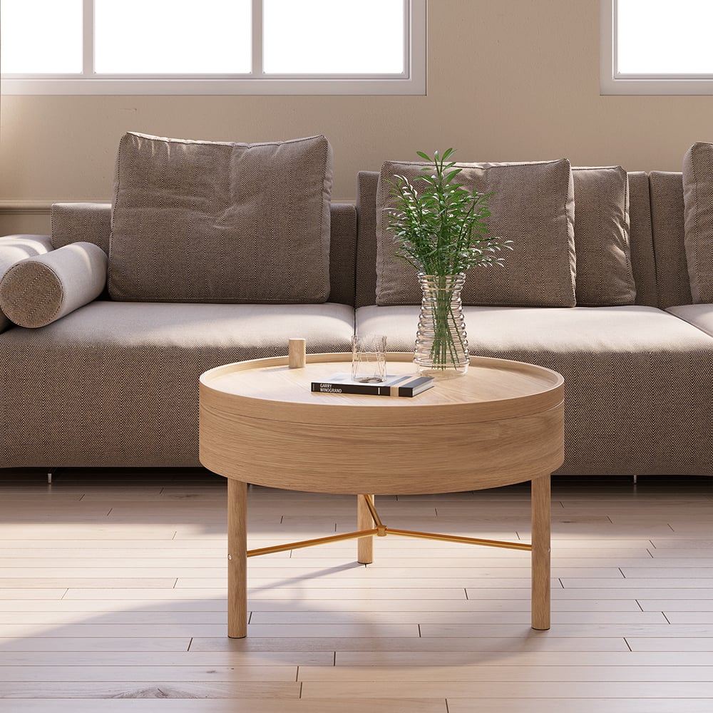 Modern Round Wood Rotating Tray Coffee Table with Storage & Metal Legs Natural