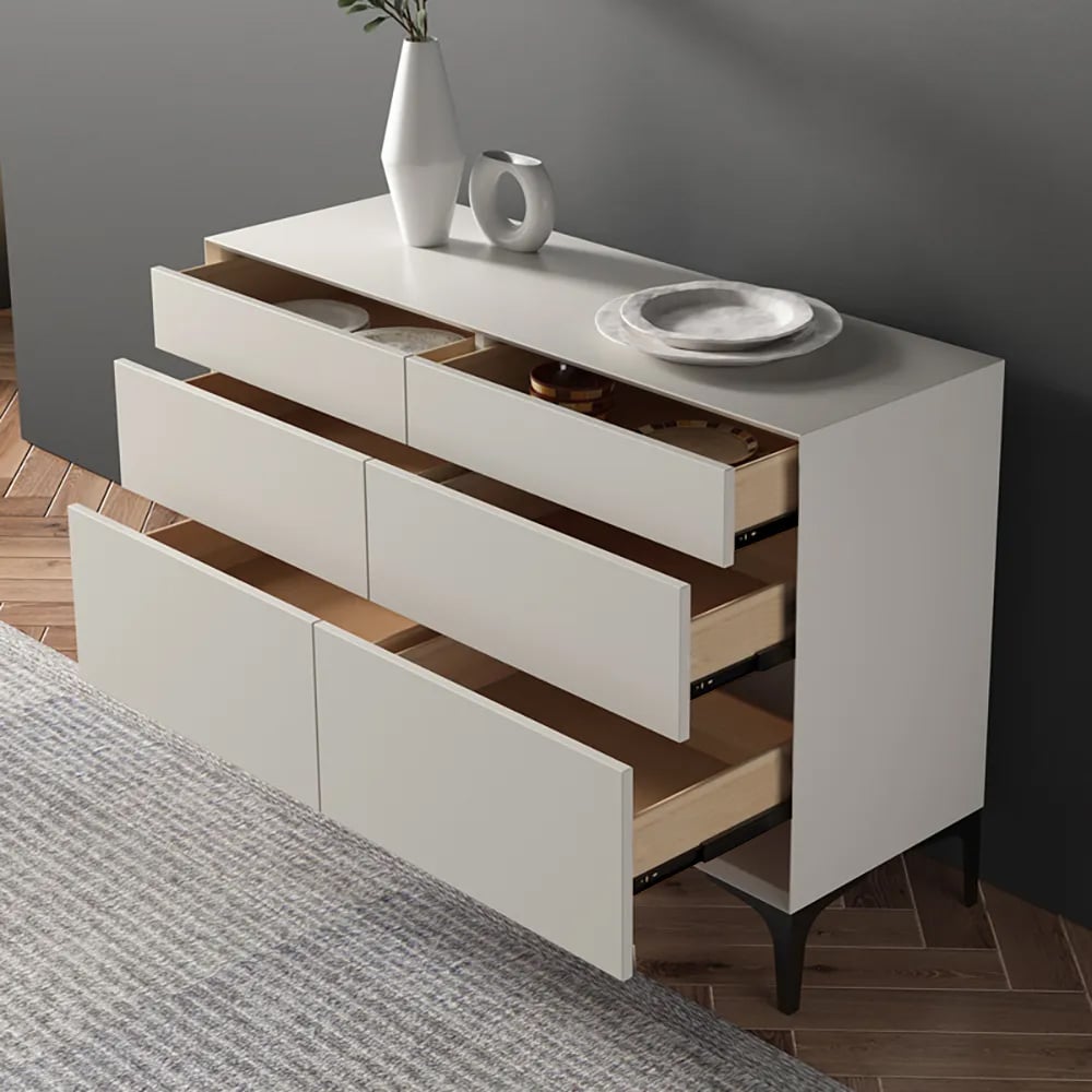 Minimalist Bedroom Dresser – 6 Drawer Horizontal Bedside Storage Off White