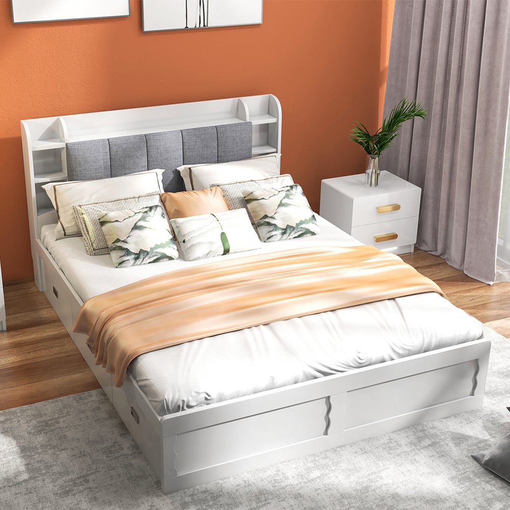 Modern White Storage Queen Bed Low Profile Queen Bed with 3 Drawers White