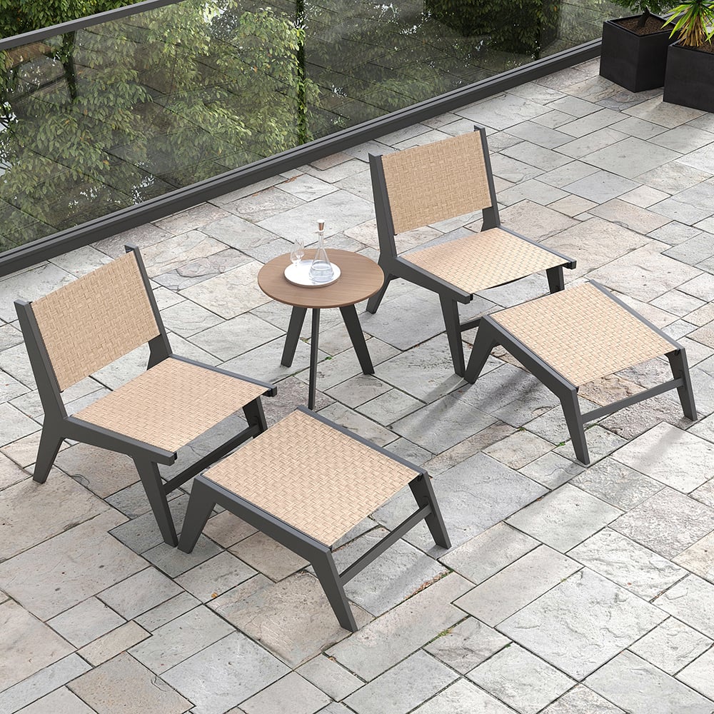 5Pcs Rustic Rattan Aluminum Outdoor Patio Lounge Chair Set Round Coffee Table & Stool Black & Brown