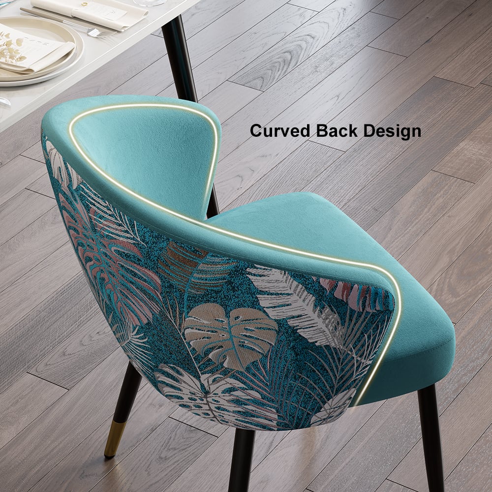 Upholstered Velvet Dining Chair Curved Back Modern Arm Chair Greenish Blue