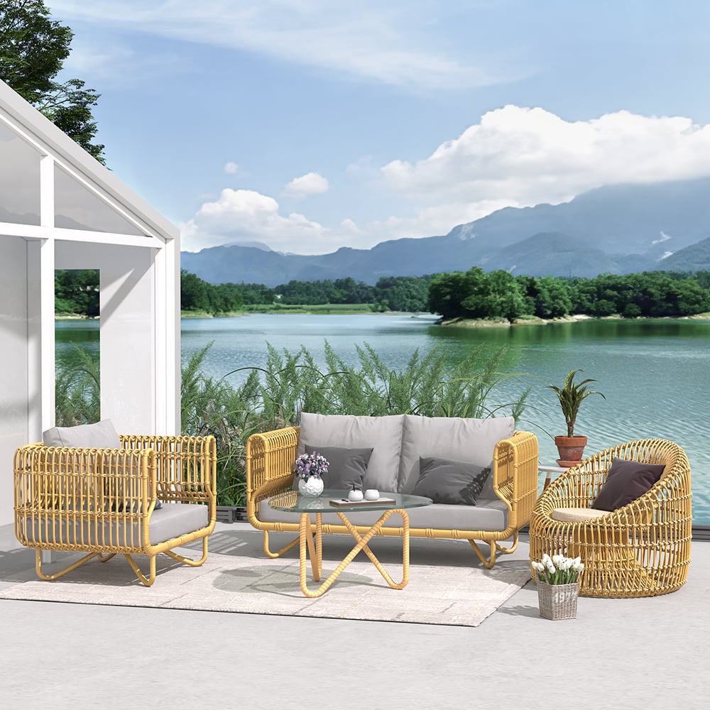 4 Pieces Rattan Outdoor Sofa Set with Glass Top Coffee Table and Cushions in Yellow Yellow