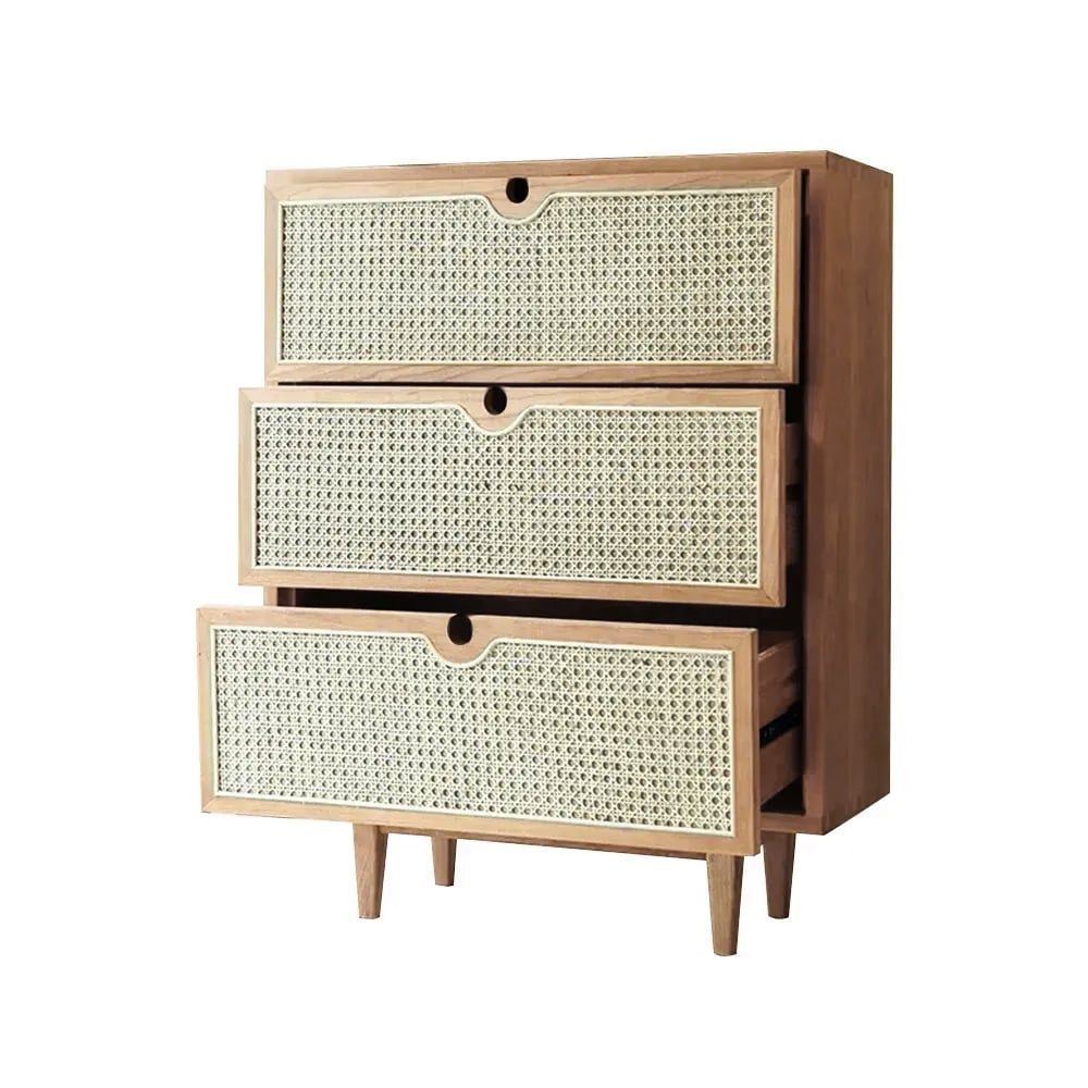 Carled Mid Century Modern Natural 3 Drawers Chest Rattan Woven 27.6"W x 15.7"D x 35.4"H