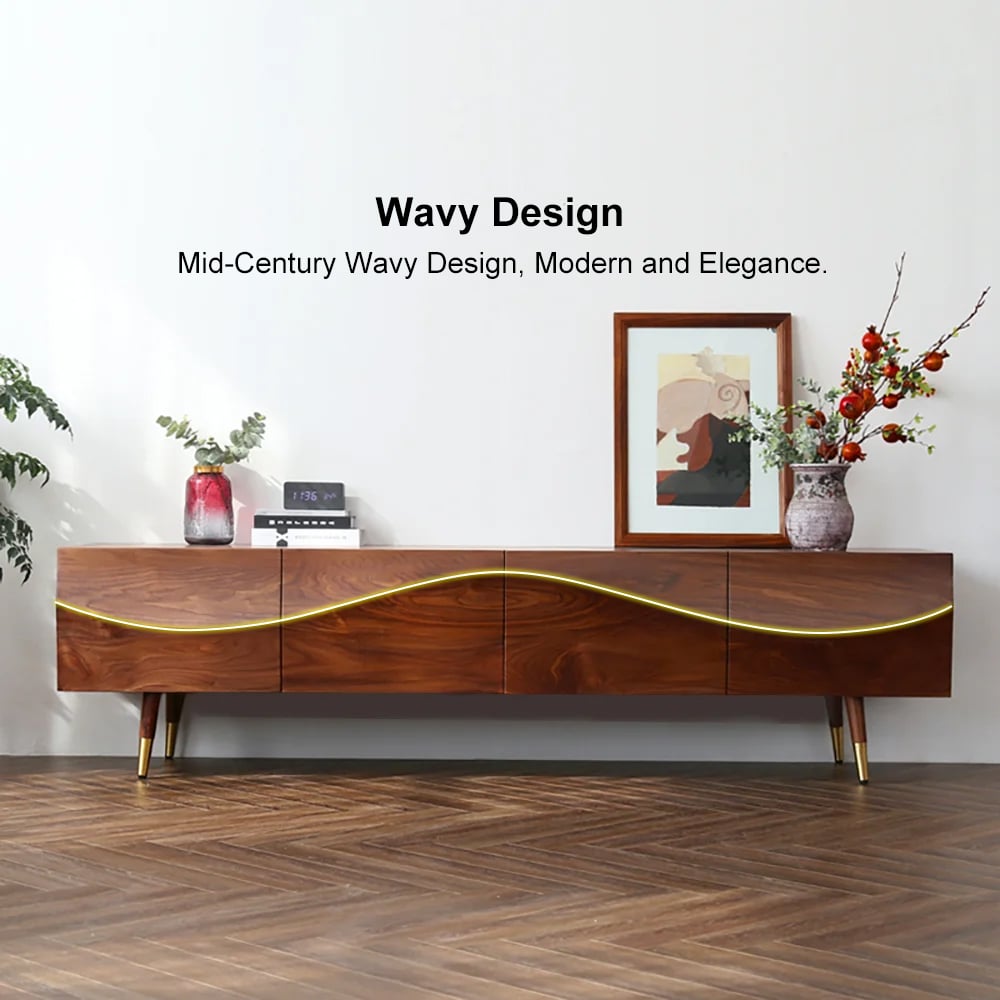 Lake Mid Century TV Stand with Wavy Design Walnut Storage 4 Drawers Walnut