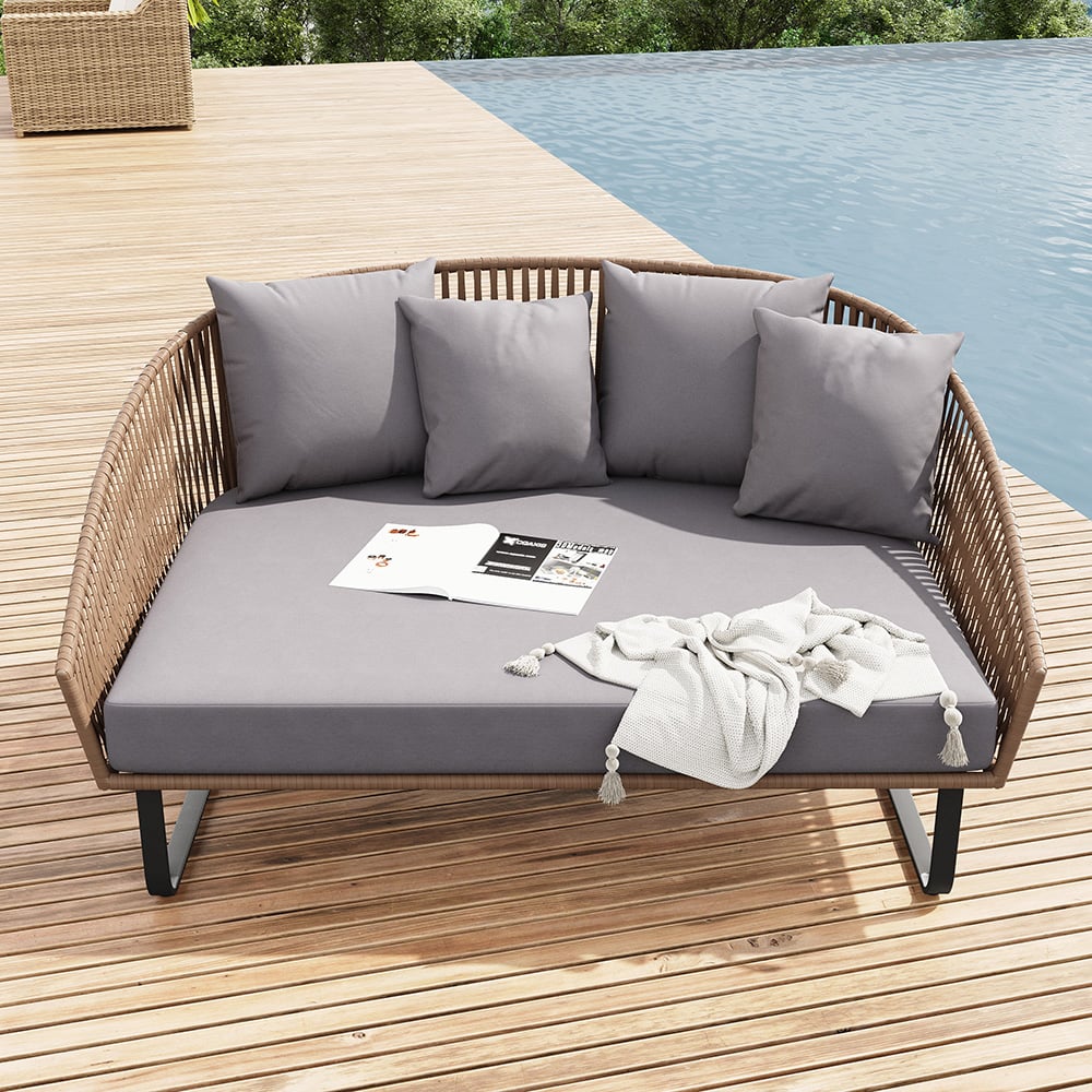 63" Rattan Outdoor Daybed with Gray Cushion Pillow Aluminum Frame Khaki