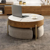 Round Lift-Top Coffee Table with Storage and 3 stool White & Walnut