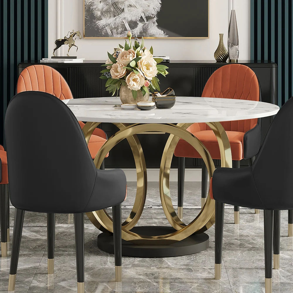 Contemporary Round Dining Table Set of 7 with Upholstered Chairs With Chairs