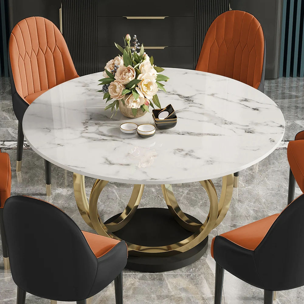 Contemporary Round Dining Table Set of 7 with Upholstered Chairs With Chairs