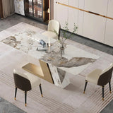Luxotic Rectangle Modern Sintered Stone Top Dining Table for 6 Stainless Steel Gold With Chairs