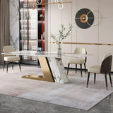 Luxotic Rectangle Modern Sintered Stone Top Dining Table for 6 Stainless Steel Gold With Chairs
