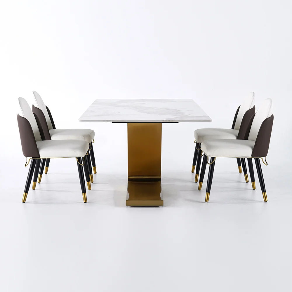 Luxotic Rectangle Modern Sintered Stone Top Dining Table for 6 Stainless Steel Gold With Chairs